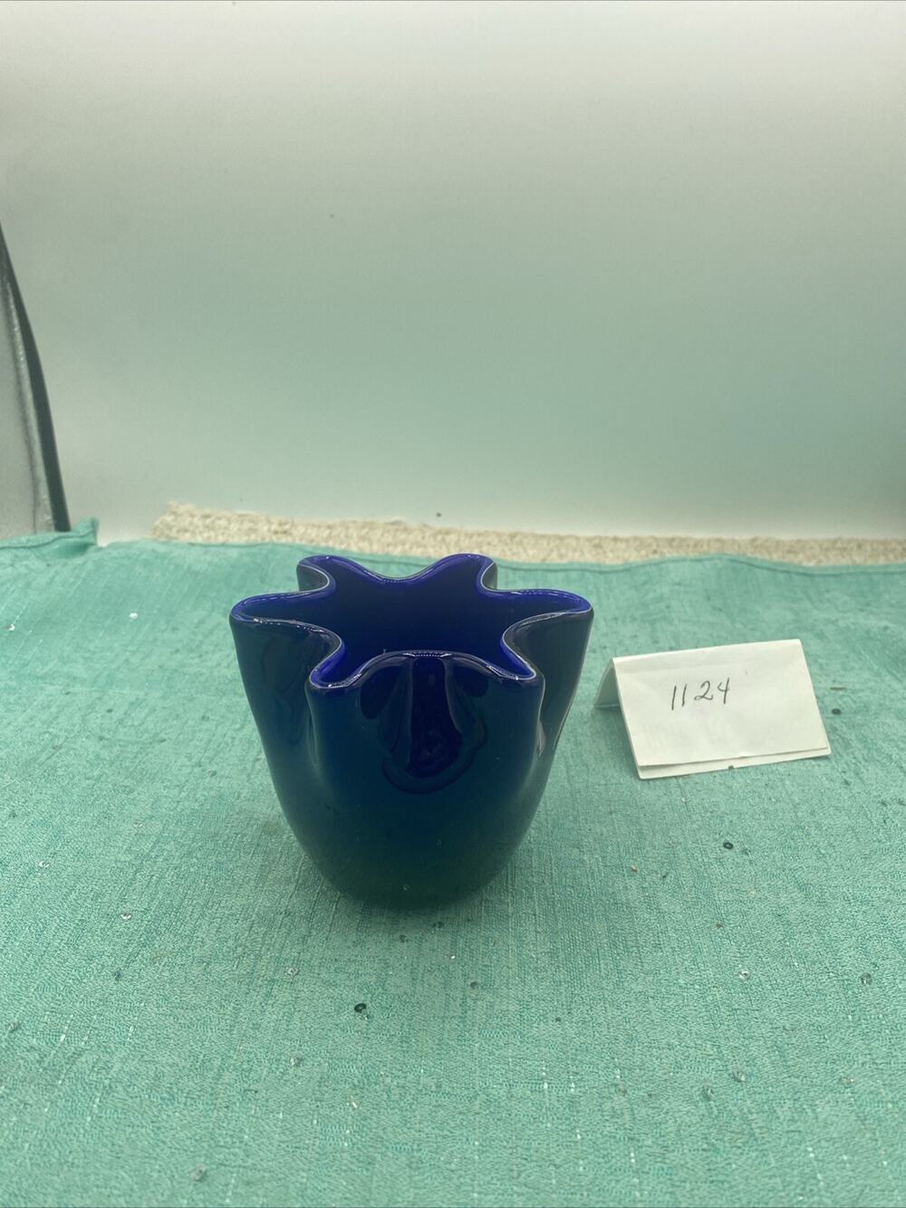 Cobalt Blue Ruffle Glass Vase 4” X 3.5”